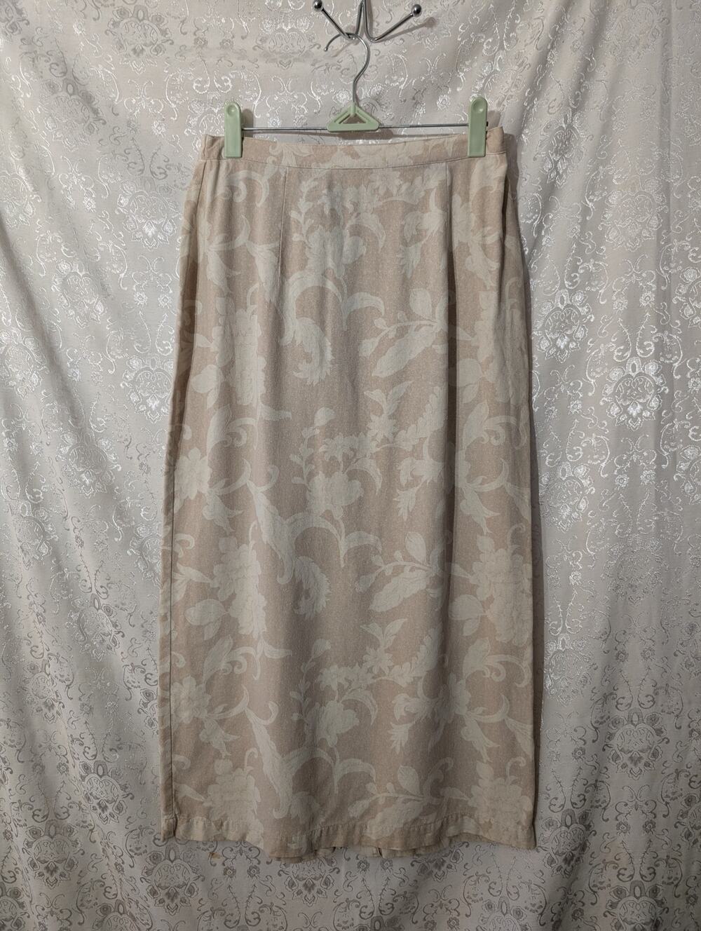 Vintage Silk Land 100% Pure Silk Jacquard Floral Skirt Cream Beige